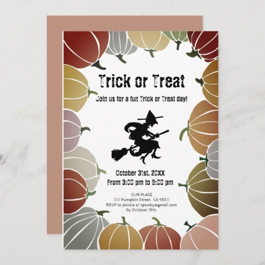 Witte Trick or treat Spooky Flying Witch Pumpkins Feestdagenkaart (Voorkant / Achterkant)