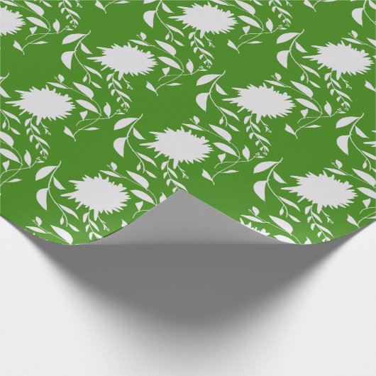 Witte tropische bloemen & bladeren op groen cadeaupapier (Hoek)