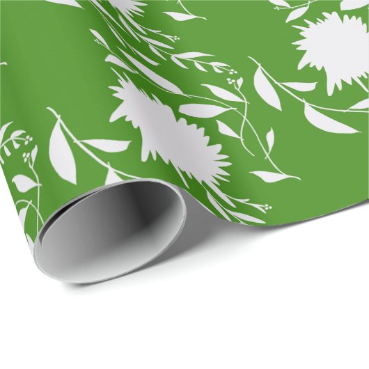 Witte tropische bloemen & bladeren op groen cadeaupapier (Rol Hoek)