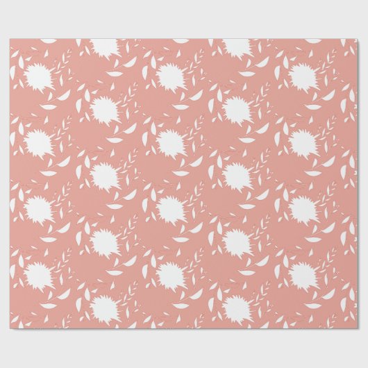 Witte tropische bloemen en bladeren op roze cadeaupapier (Vlak)