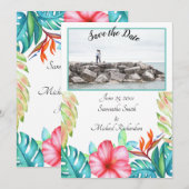Witte tropische bloemen Foto Save The Date (Voorkant / Achterkant)