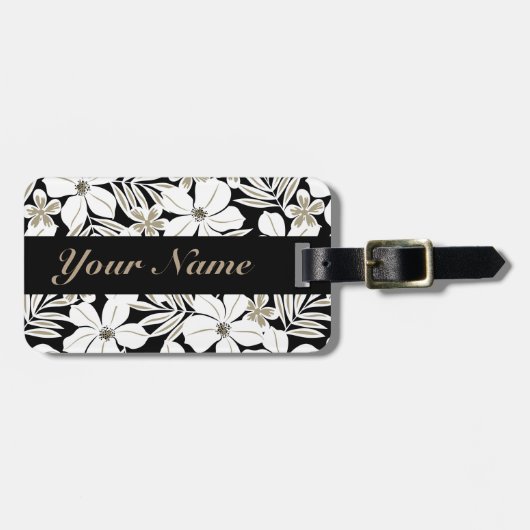Witte tropische bloemen op zwart bagagelabel (Voorkant horizontaal)