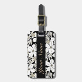Witte tropische bloemen op zwart bagagelabel (Voorkant verticaal)