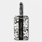 Witte tropische bloemen op zwart bagagelabel (Achterkant verticaal)