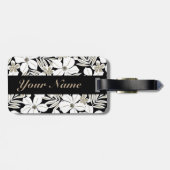 Witte tropische bloemen op zwart bagagelabel (Achterkant horizontaal)