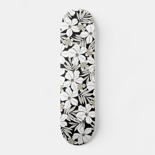 Witte tropische bloemen op zwart persoonlijk skateboard (Voorkant)