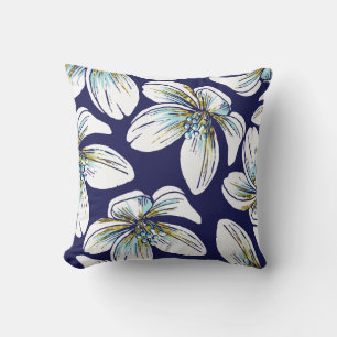 Witte tropische bloemen patroon aqua, gouden folie buitenkussen