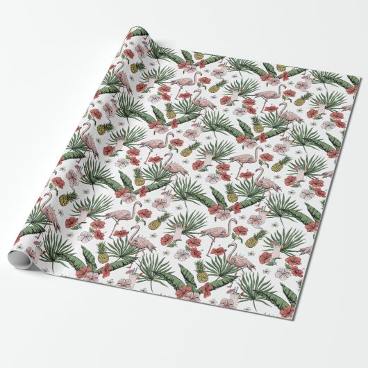 Witte Tropische Flamingo Bloempatroon Cadeaupapier (Uitgerold)