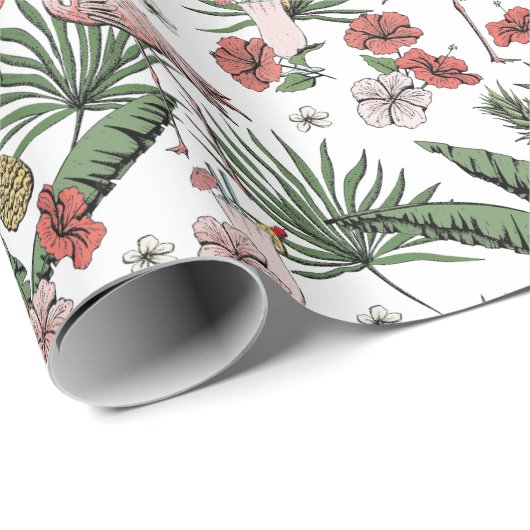 Witte Tropische Flamingo Bloempatroon Cadeaupapier (Rol Hoek)