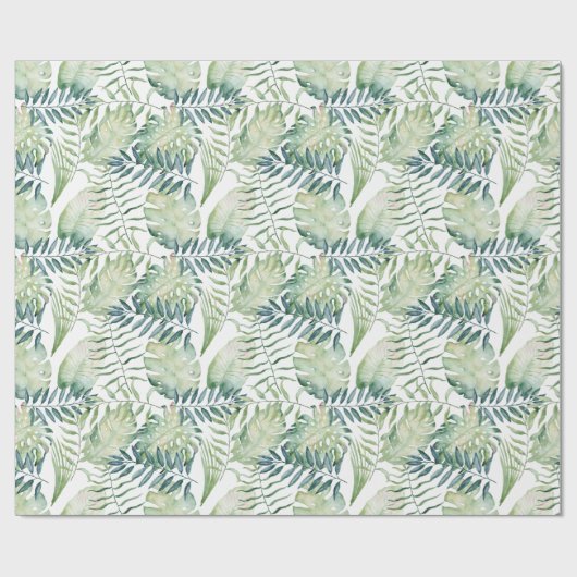 Witte tropische groene bladeren cadeaupapier (Vlak)