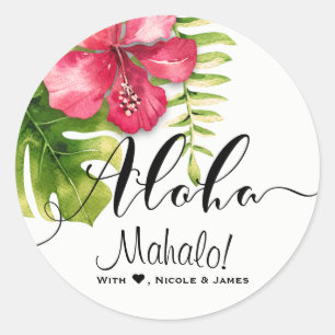 Witte Tropische Hibiscus Bladeren Chic Trouwgunst Ronde Sticker