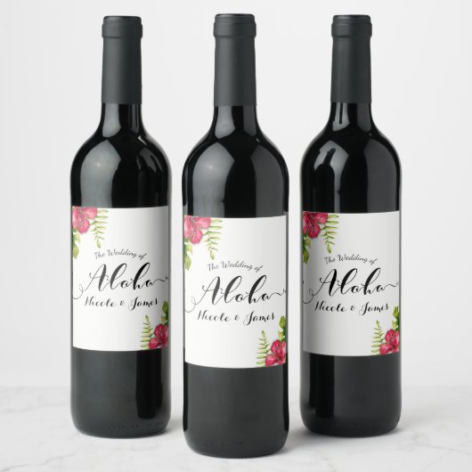 Witte tropische hibiscus laat chique trouwwijn ach wijn etiket (Flessen)