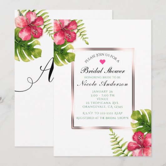 Witte tropische hibiscus laat elegante uitnodiging (Voorkant / Achterkant)