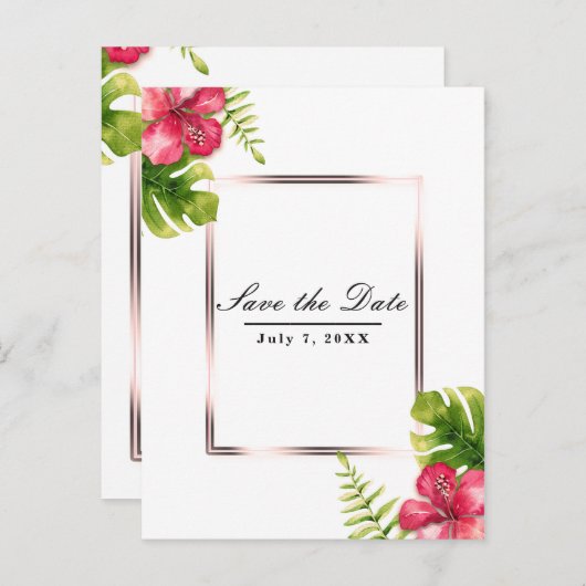 Witte tropische hibiscusbladeren Save the Date Aankondigingskaart (Voorkant / Achterkant)