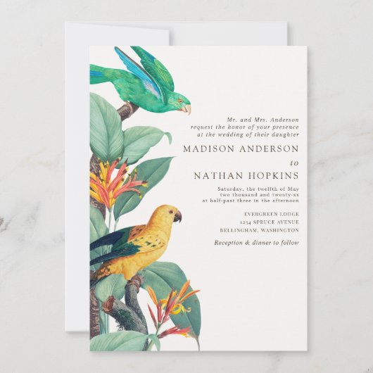 Witte Tropische Vogel Huwelijksuitnodiging Kaart (Voorkant)