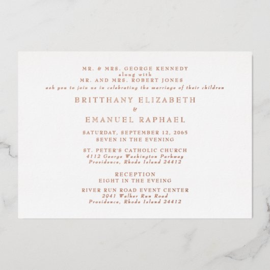 Witte Trouw 2 Locaties Rose Goud Folie II Uitnodiging (Voorkant)