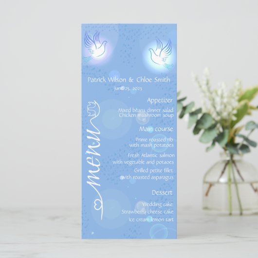 Witte trouwduif met verlichtingsmenu menu (Staand voorkant)