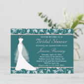 Witte trouwjurk, blauwgroen Bridal Shower Uitnodig Kaart (Staand voorkant)