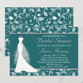 Witte trouwjurk, blauwgroen Bridal Shower Uitnodig Kaart (Voorkant / Achterkant)