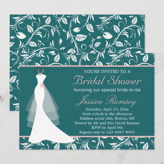 Witte trouwjurk, blauwgroen Bridal Shower Uitnodig Kaart (Voorkant / Achterkant)