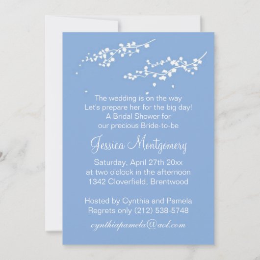 Witte trouwjurk, bloesem op blauw Vrijgezellenfees Kaart (Achterkant)