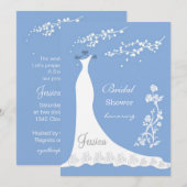 Witte trouwjurk, bloesem op blauw Vrijgezellenfees Kaart (Voorkant / Achterkant)