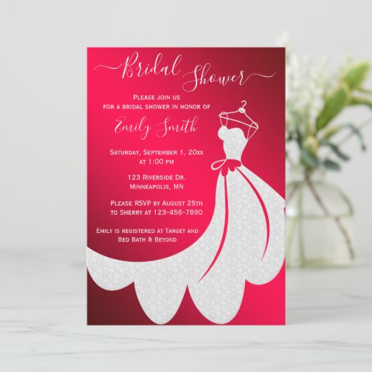 Witte trouwjurk op rood Vrijgezellenfeest Kaart (Staand voorkant)