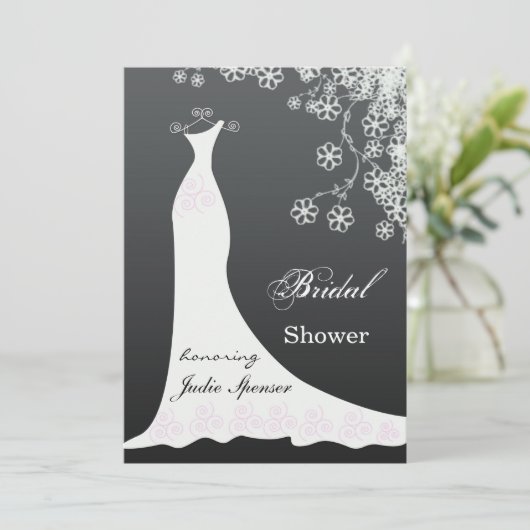 Witte trouwjurk op zwart Vrijgezellenfeest Invite Kaart (Staand voorkant)