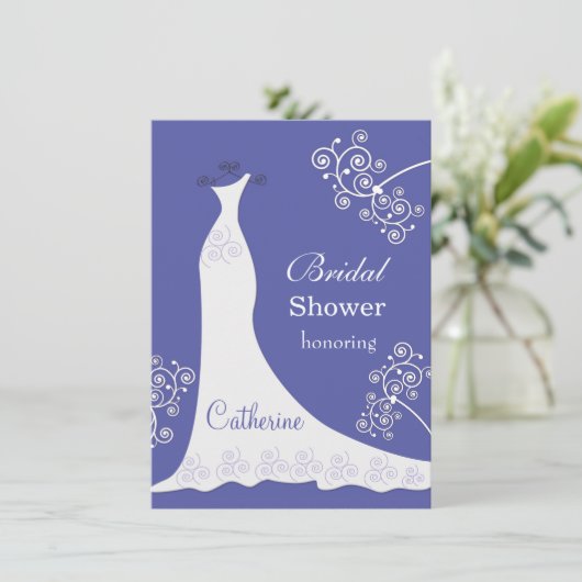 Witte trouwjurk, zwendel op blauw Vrijgezellenfees Kaart (Staand voorkant)