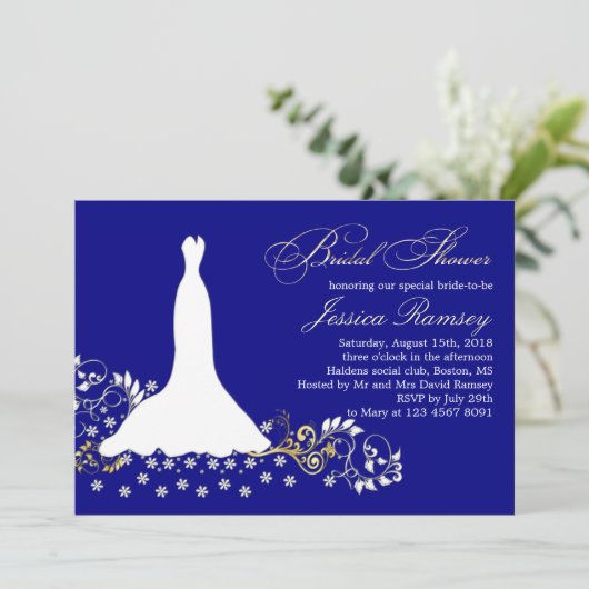 Witte trouwjurk, zwendel op blauw Vrijgezellenfees Kaart (Staand voorkant)