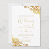 Witte trouwuitnodiging met gouden borduursel Elega Kaart (Voorkant)