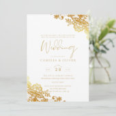 Witte trouwuitnodiging met gouden borduursel Elega Kaart (Staand voorkant)