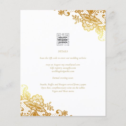 Witte trouwuitnodiging met gouden kantwerk Elegant (Achterkant)