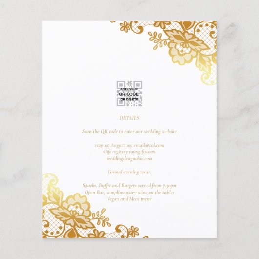Witte Trouwuitnodiging met Gouden Kantwerk Elegant Flyer (Achterkant)
