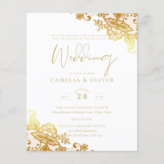 Witte Trouwuitnodiging met Gouden Kantwerk Elegant Flyer (Voorkant)