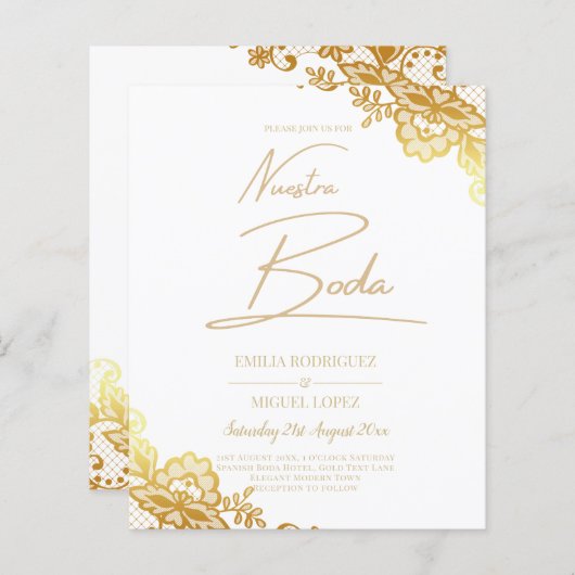 Witte trouwuitnodiging met gouden kantwerk Klassie