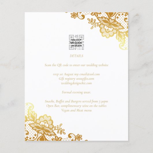 Witte trouwuitnodiging met gouden kantwerk Klassie (Achterkant)