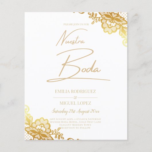 Witte trouwuitnodiging met gouden kantwerk Klassie (Voorkant)