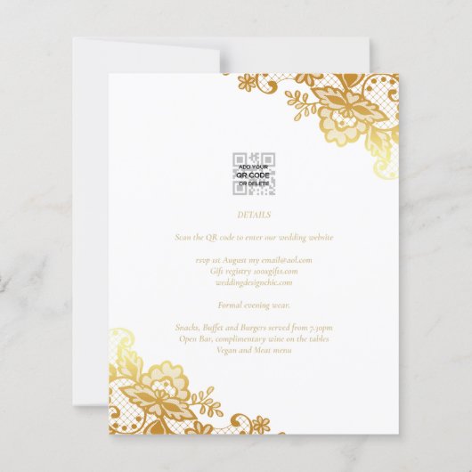 Witte trouwuitnodiging met gouden kantwerk Klassie (Achterkant)