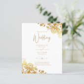 Witte trouwuitnodiging met gouden kantwerk Klassie (Staand voorkant)
