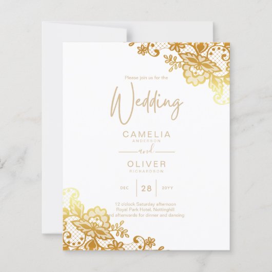 Witte trouwuitnodiging met gouden kantwerk Klassie (Voorkant)