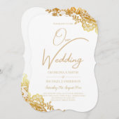 Witte trouwuitnodiging met gouden kantwerk Klassie Kaart (Voorkant / Achterkant)