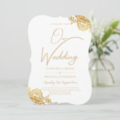Witte trouwuitnodiging met gouden kantwerk Klassie Kaart (Staand voorkant)