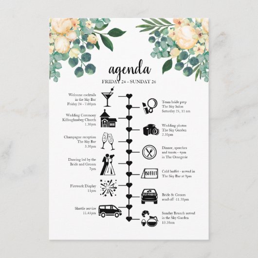 Witte trouwweekendweekchronologie, gastagenda advieskaart (Voorkant)