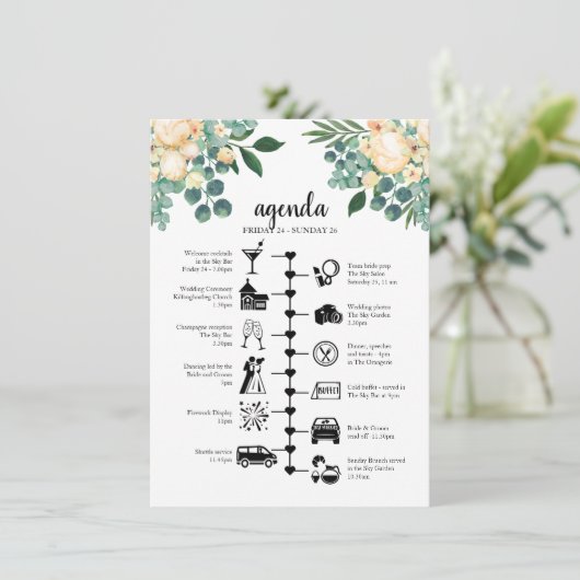 Witte trouwweekendweekchronologie, gastagenda advieskaart (Staand voorkant)