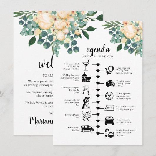 Witte trouwweekendweekchronologie, gastagenda advieskaart (Voorkant / Achterkant)