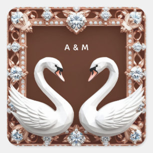 Witte Trouwzwanen Diamanten Hart Sierlijke Romanti Vierkante Sticker