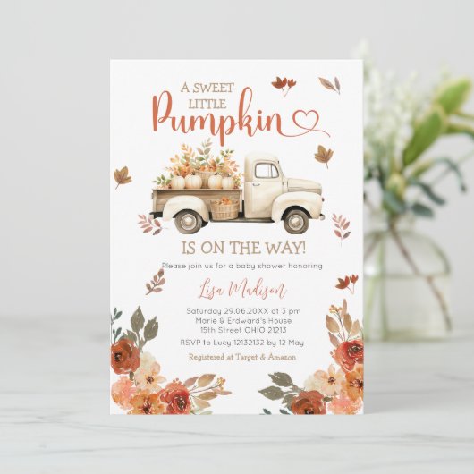 Witte Truck Pompoen Baby shower Fall bladeren Kaart (Staand voorkant)