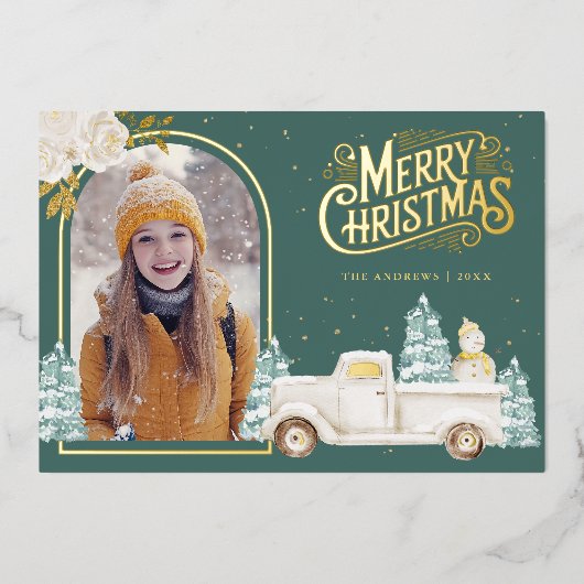 Witte Truck Sneeuwman Kerst Foto Blauwgroen Goud Folie Feestdagenkaart (Voorkant)