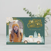 Witte Truck Sneeuwman Kerst Foto Blauwgroen Goud Folie Feestdagenkaart (Staand Voorkant)
